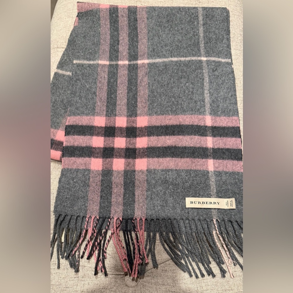 Burberry Pink and Gray Plaid Cashmere Scarf